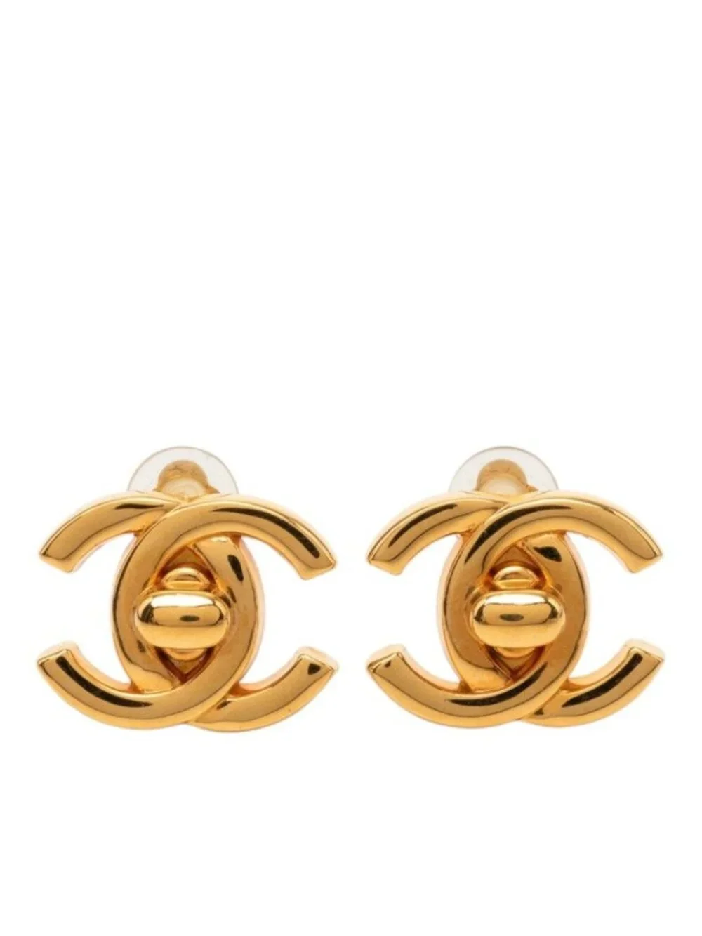 Chanel CC Logo Turnlock Vintage Earrings Gold Plated